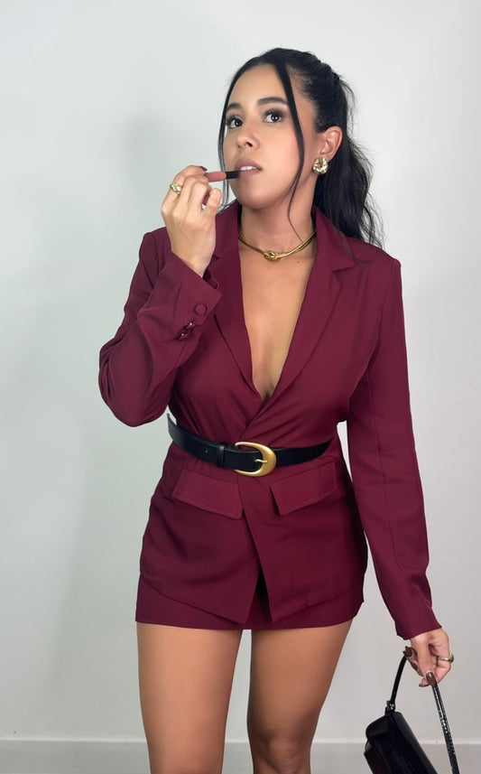 Burgundy Blazer Skirt Set