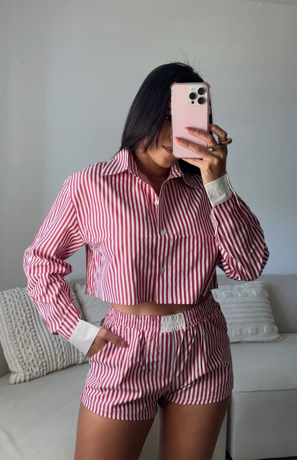 Red Pinstripes Shorts Set