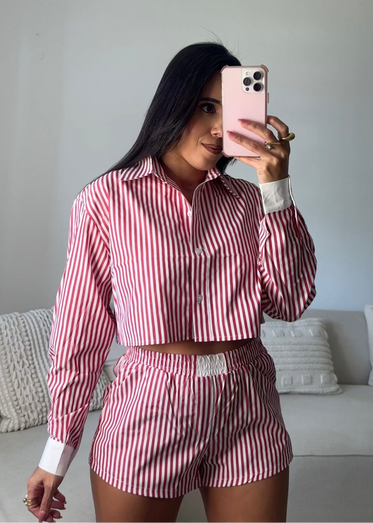 Red Pinstripes Shorts Set