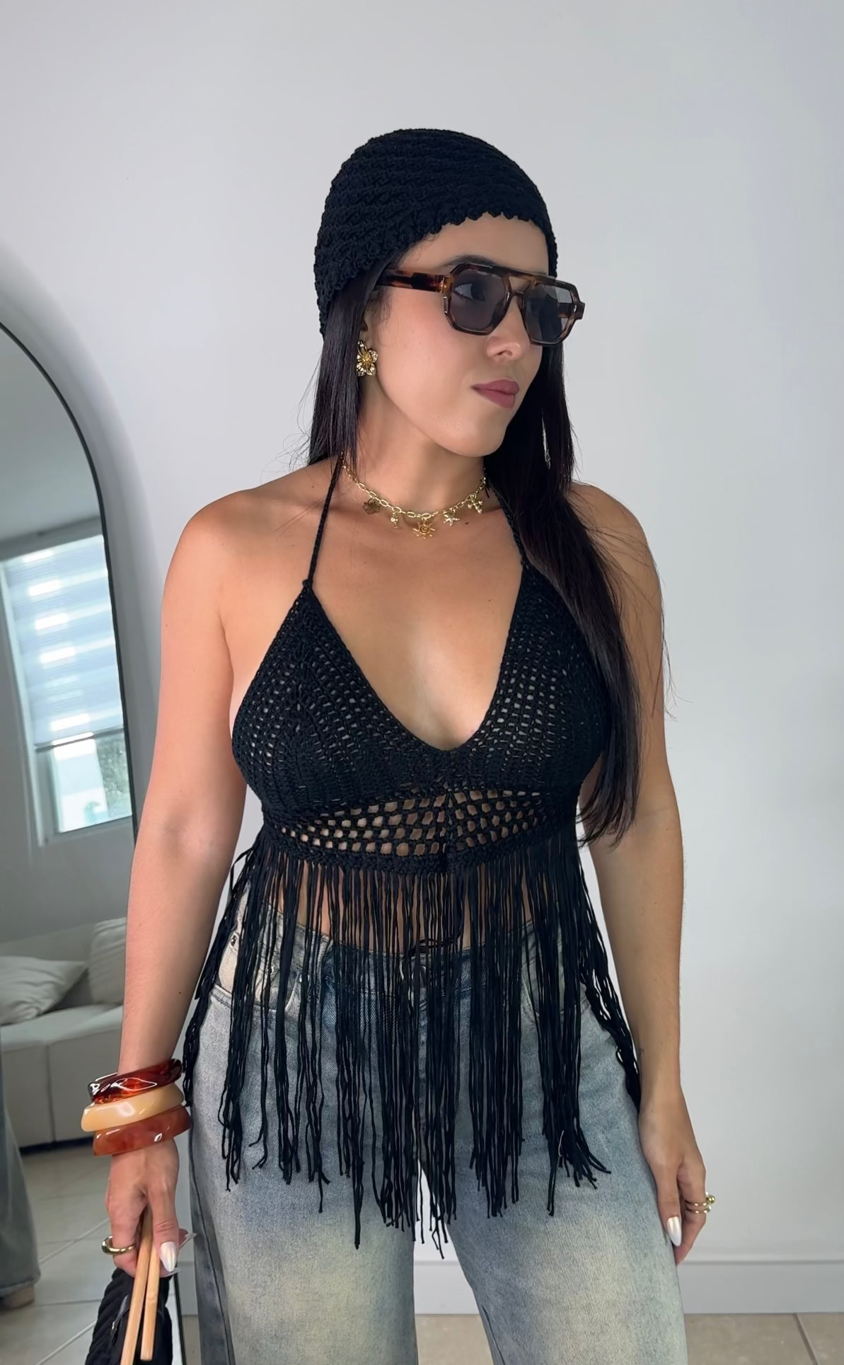 Black Crochet Fringe Top