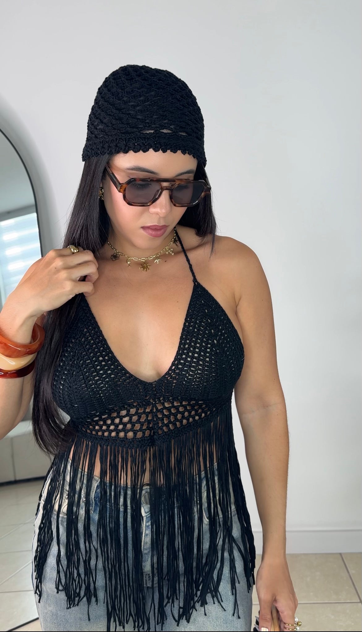 Black Crochet Fringe Top