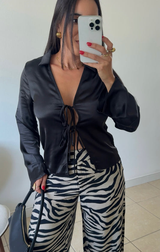 Black Satin Bow Blouse