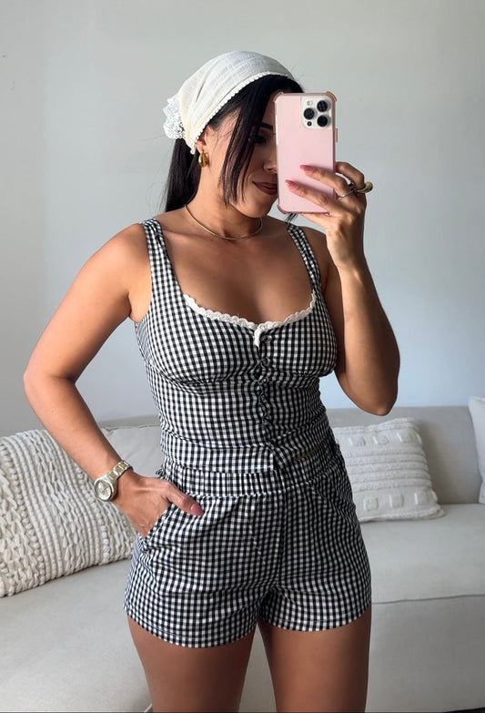 Black Gingham Shorts Set